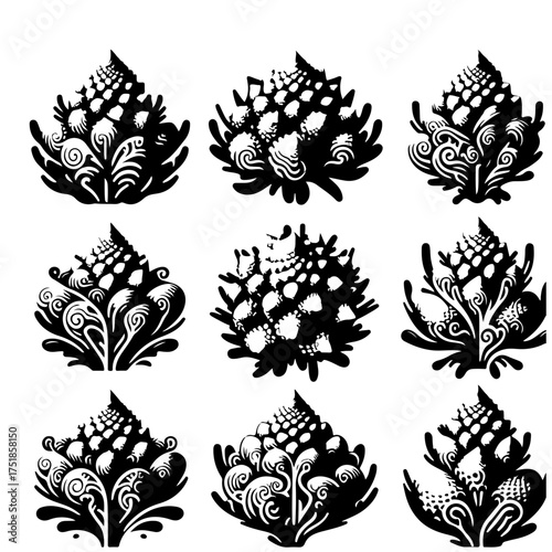 Nine black and white stylized floral arrangements with decorative swirls and dotted patterns displayed