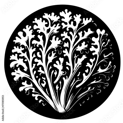 Illustration of a white leafy plant with intricate details on a black circular background design element