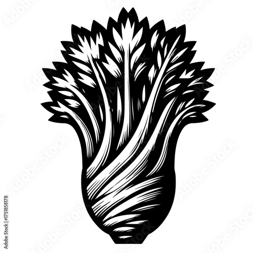 Illustration of a celery stalk with detailed leaves and textured base in black and white style art
