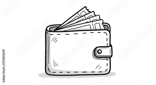 Hand-drawn illustration of a white leather wallet filled with cash.