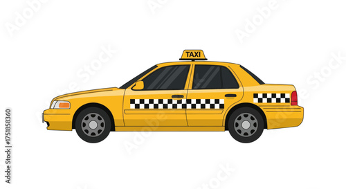 Classic Yellow Taxi Cab with Checkered Stripe and Roof Sign.