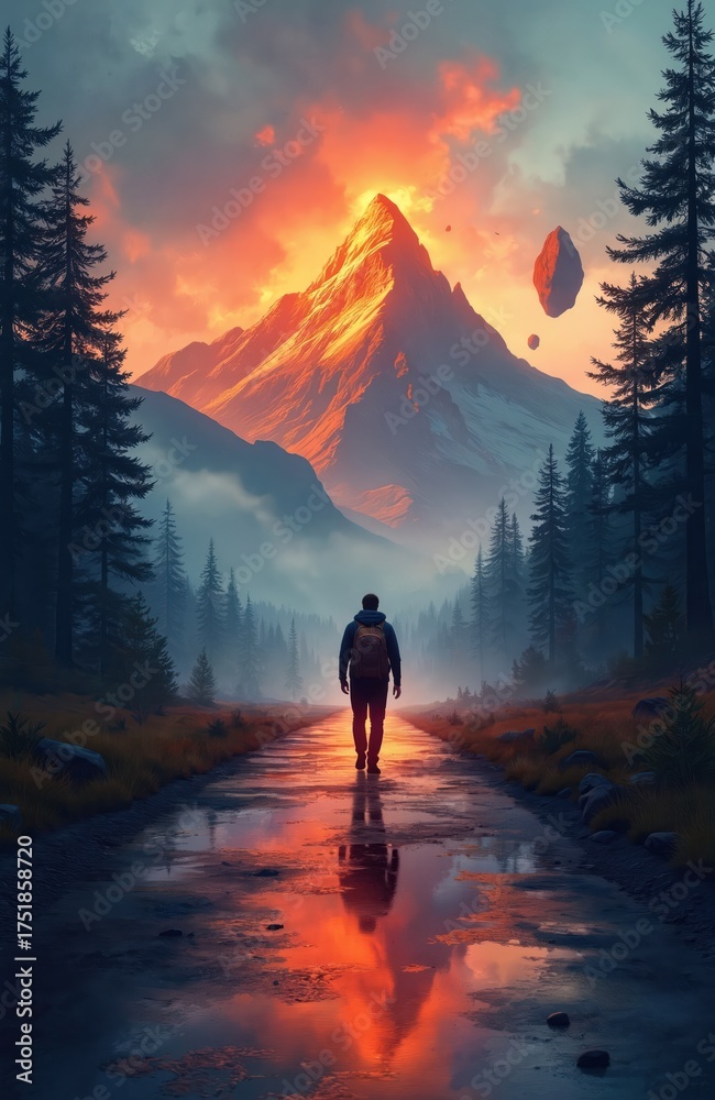 Obraz premium Man walks on wet path towards glowing mountain peak under dramatic sky. Tall pine trees line forest road. Reflecting clouds and fire sky in puddles. Solo backpacker begins adventure.