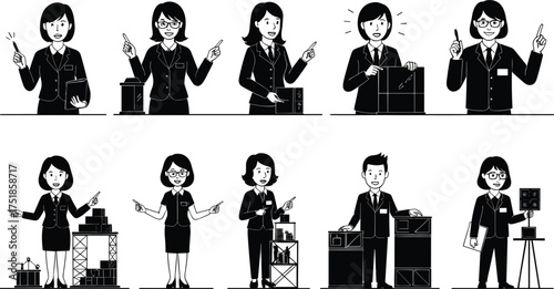 Business people presentation, office teamwork, manager explaining project, businesswoman and businessman pointing charts, corporate training, leadership seminar, professional illustration vector