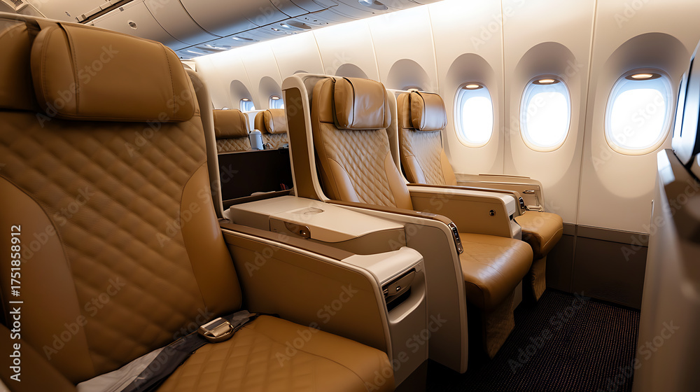 Obraz premium Premium cabin airplane interior: plush seats with modern design. Comfortable, spacious seating for luxurious air travel. Upscale flying experience.