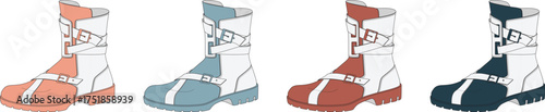 Collection of four distinct color variations of illustrated outdoor boots, featuring designs suitable for winter sports, hiking, and cold weather adventures, depicted as clean vector graphics