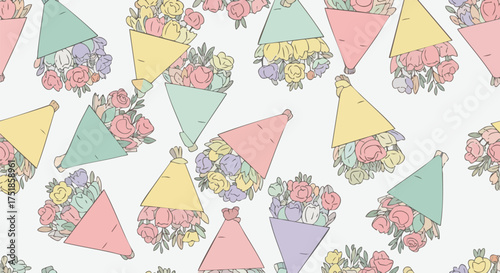 A sweet, pastel, seamless pattern featuring cartoonish flower bouquets wrapped in colorful paper cones
