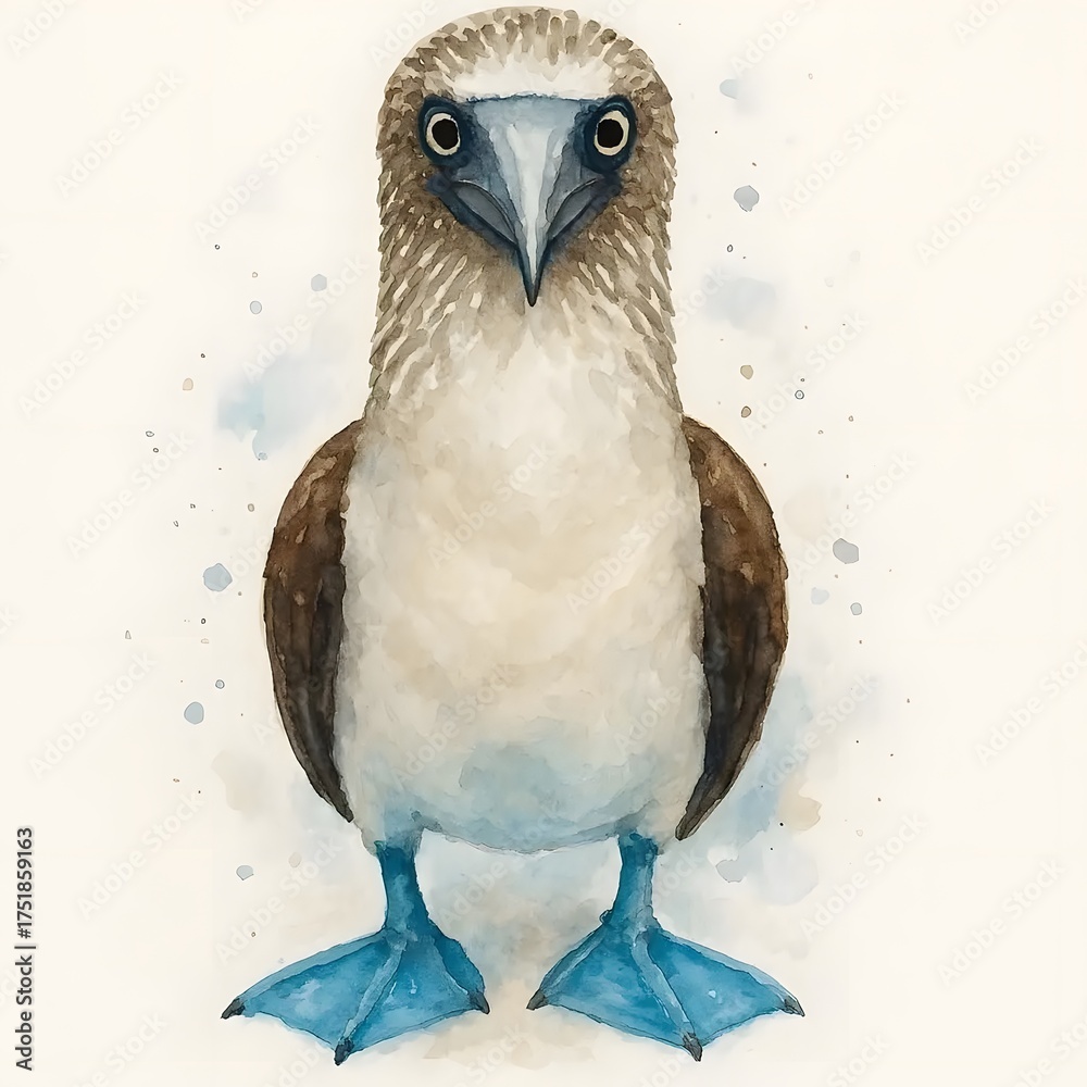Fototapeta premium 푸른발얼가니새, 정면, 클로즈업, 수채화, jpeg (Blue-footed booby, front view, close-up, water colour, jpeg)