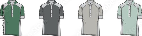 Detailed technical fashion illustration set showcasing men's two-tone polo shirts with button plackets and rolled sleeves, ideal for apparel design and merchandising visuals