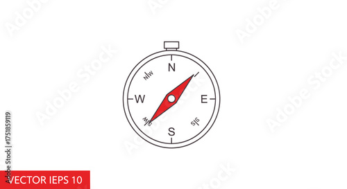 Simple line art vector illustration of a classic navigational compass with a red magnetic needle pointing north.