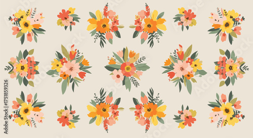 Charming, colorful floral bouquets arranged in a scattered pattern on a neutral background. Ideal for spring, summer, or vintage-themed designs