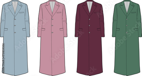 Collection of four long overcoats in different solid colors, each displaying a formal design with buttons