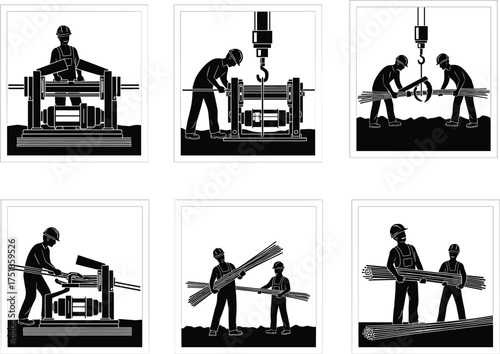 Industrial workers silhouette set operating heavy machinery to bend and carry rebar, vector illustration for metal fabrication, construction material handling, and steel reinforcement concepts.