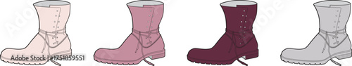 Technical flat sketch collection of warm, fur-lined winter boots for women, shown in multiple color options for fashion design