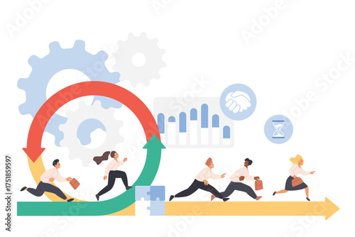 Agile scrum methodology, project management and organization, cyclic development process with data diagram control. Tiny people team running fast on circular arrow cartoon vector illustration