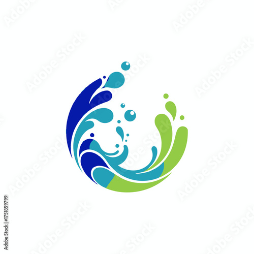 Abstract circular wave and water splash logo in blue and green, symbolizing purity, nature, and dynamic liquid motion