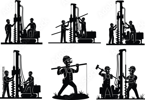 Construction workers operating a piling and drilling rig machine, vector silhouette illustration set depicting foundation work, geotechnical investigation, and heavy equipment operation concepts.