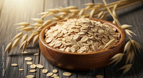 Rolled Oats in Wooden Bowl with Oat Ears — Healthy Breakfast Ingredient