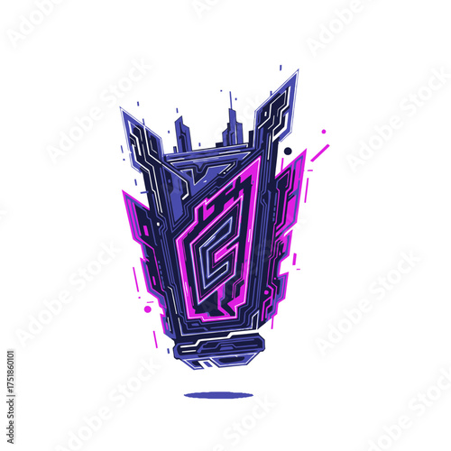Sci-fi digital artifact with intricate circuit patterns and a luminous neon G initial, a futuristic abstract emblem for technology concepts