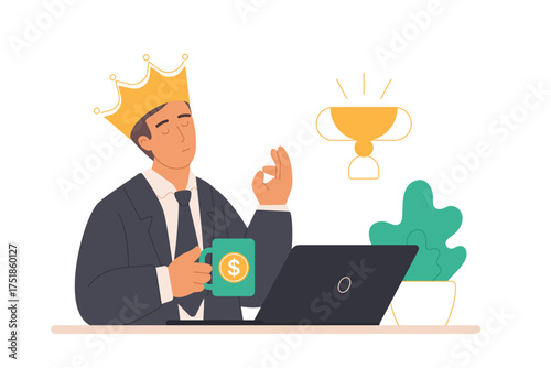 Pride and charisma, narcissism of successful business leader with crown of king. Confident boss narcissist, egocentric person of president and billionaire with noble reward cartoon vector illustration