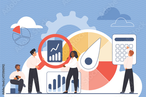Business benchmark measurement, KPI, key performance indicator analysis and quality evaluation procedure. Tiny people measure strategic chart reports with magnifying glass cartoon vector illustration