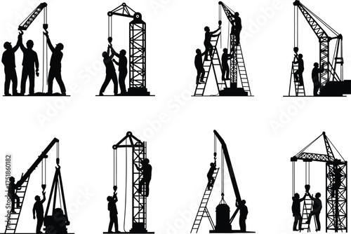 A dynamic construction worker silhouette set showing men operating cranes, climbing ladders, and managing scaffolding, vector illustration for heavy lifting and building site safety concepts.
