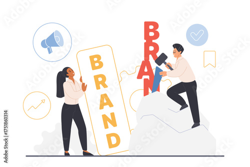 Brand identity creation, product advertising and company development strategy. Tiny people of PR team create brand word, make letters from stone with sculptors tools cartoon vector illustration