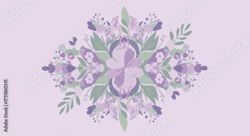 Elegant symmetrical floral illustration with purple and green botanical elements on a soft lavender background
