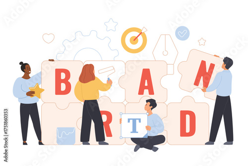 Brand reputation, identity creation by marketing team, branding recognition strategy. Tiny people building puzzle with word Brand, holding parts with letters to connect cartoon vector illustration
