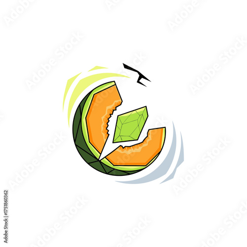 Stylized vector emblem of a sliced melon in motion, revealing a sparkling green crystal core as a hidden treasure concept