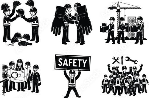 A dynamic construction and industrial worker silhouette set focusing on safety, teamwork, planning, and equipment, vector illustration for occupational health and project management concepts.