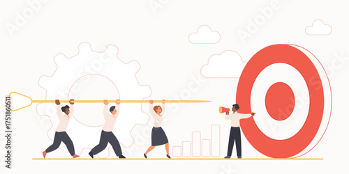 Corporate company target achievement, leadership. Tiny leader or boss with megaphone pointing direction, business goal or objective to achieve, hit bullseye target cartoon vector illustration