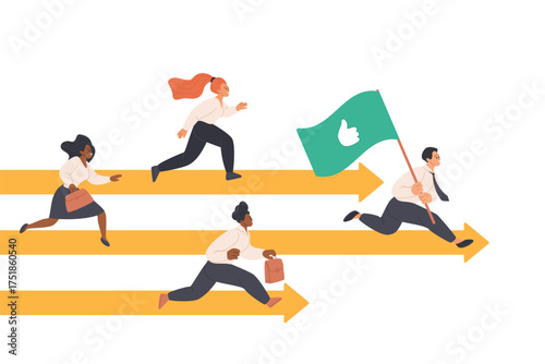 Business competition, direction to success goal achievement in team, leadership challenge and ambitions. Tiny employees run along arrows behind leader holding flag cartoon vector illustration