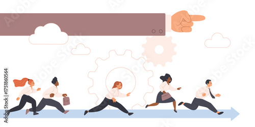 Business leadership, career races with ambitions, employment, corporate challenge. Big hand of employer, leader or boss pointing direction goal of team of employees to run cartoon vector illustration