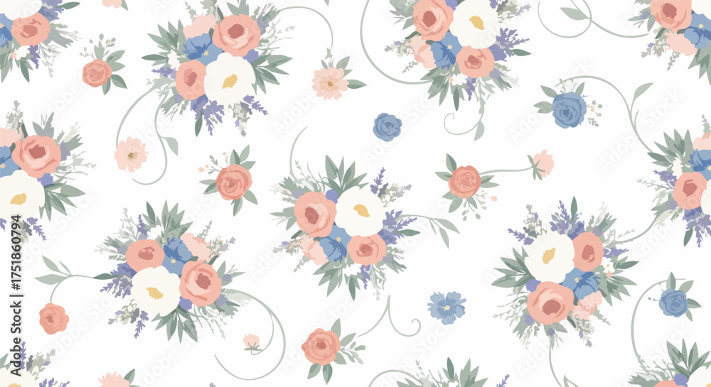 Obraz premium Floral seamless pattern featuring bouquets of roses in pink, white, and blue, scattered on a white background