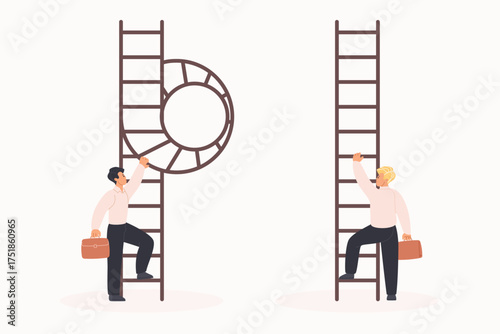 Business leadership challenge in easy and difficult way, career ladder strategy. Tiny people with briefcases of businessman choose path to goal with obstacles and easy cartoon vector illustration