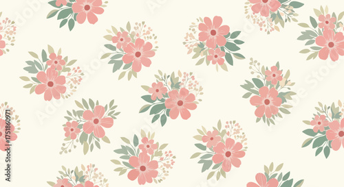 Floral seamless pattern with pink flowers and green leaves on a cream background