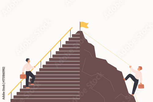 Career development, difficult and easy way of leadership challenge, strategy of winner. Tiny business people climb up to flag on mountain using rope and walk up stairs cartoon vector illustration