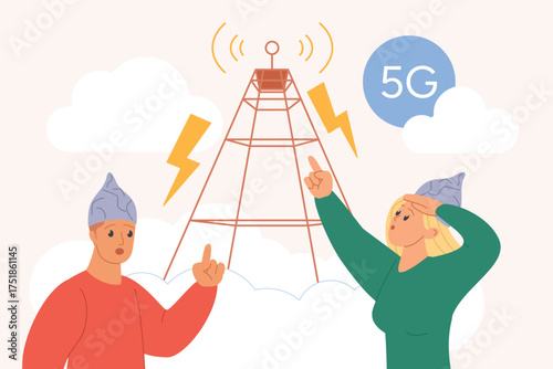Conspiracy theory, electromagnetic shield, fake news and mind control problem. Tiny people wearing tinfoil hats for protection from 5G radiation of telecom antenna cartoon vector illustration