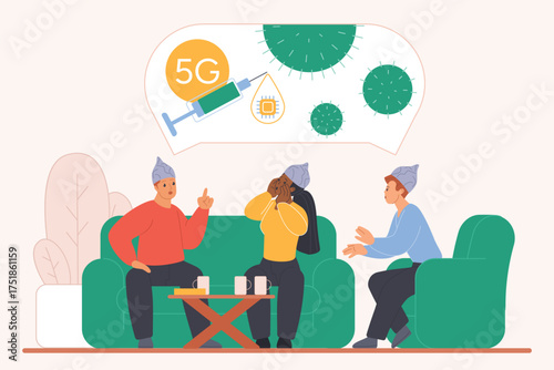 Conspiracy theory, spreading false information, brainwashing. Tiny people group wearing tinfoil hats, sitting on sofa to discuss microchips in vaccine and dangers of 5G cartoon vector illustration