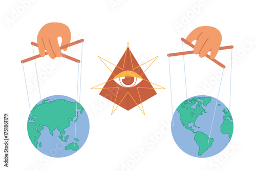 Conspiracy theory and paranoia idea of world governance. Planet Earth hanging on puppets strings, evil eye of masons pyramid and elite group of business rulers control cartoon vector illustration