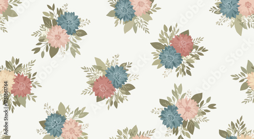 Seamless floral pattern with vintage dahlia bouquets in pink and teal. This gentle, romantic vector illustration is perfect for spring decor