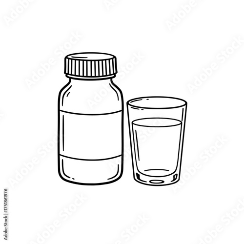 Hand drawn illustration of a medicine bottle and a glass of water.