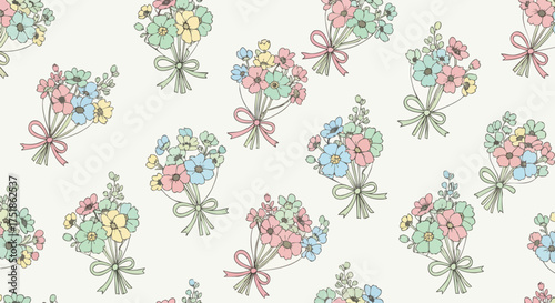 A charming pattern showcases pastel-colored floral bouquets tied with delicate ribbons, creating a delightful and whimsical design on a soft cream background.