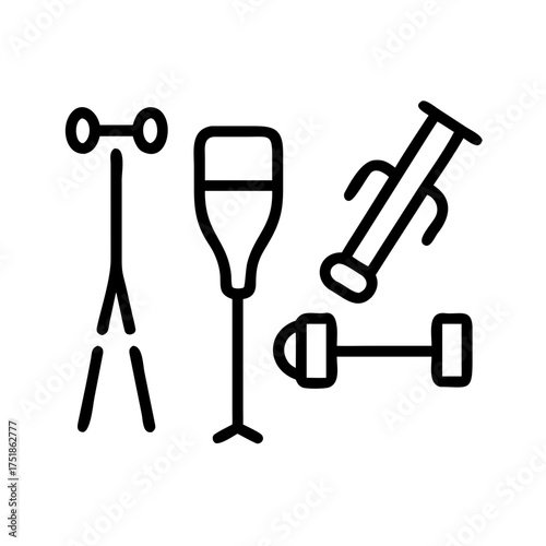 Assorted fitness equipment including crutch, dumbbell, and weight bar