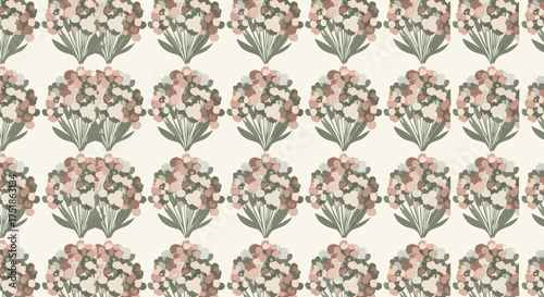 A repeating pattern showcases stylized floral arrangements in soft hues of pink, beige, and green, creating a charming and elegant design.