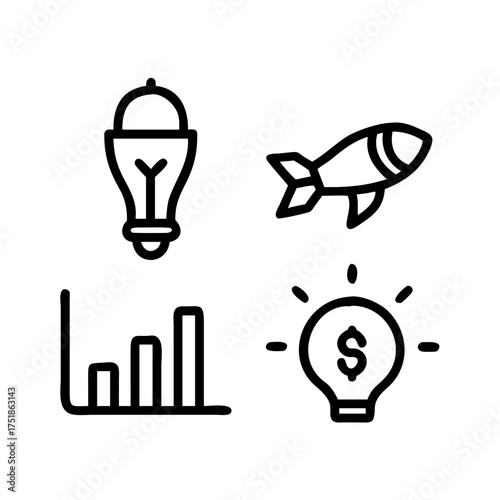 Icon set showcasing business growth, idea generation, and innovative startups