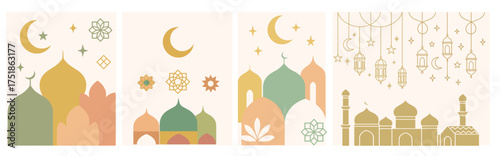 pastel mosque silhouettes with domes and minarets crescent moon hanging lanterns stars geometric floral motifs ramadan eid islamic celebration greeting card