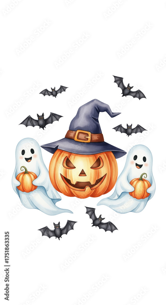 Obraz premium Halloween pumpkin with witch hat, surrounded by smiling ghosts holding pumpkins and flying bats, creates playful and spooky festive atmosphere