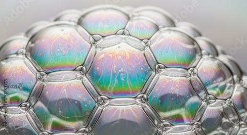 A colorful soap bubble with a rainbow pattern on a white background.