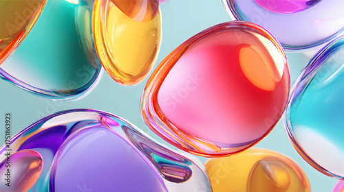 Colorful abstract shapes resembling glossy droplets, floating in a light background, showcasing vibrant hues of red, blue, yellow, and purple